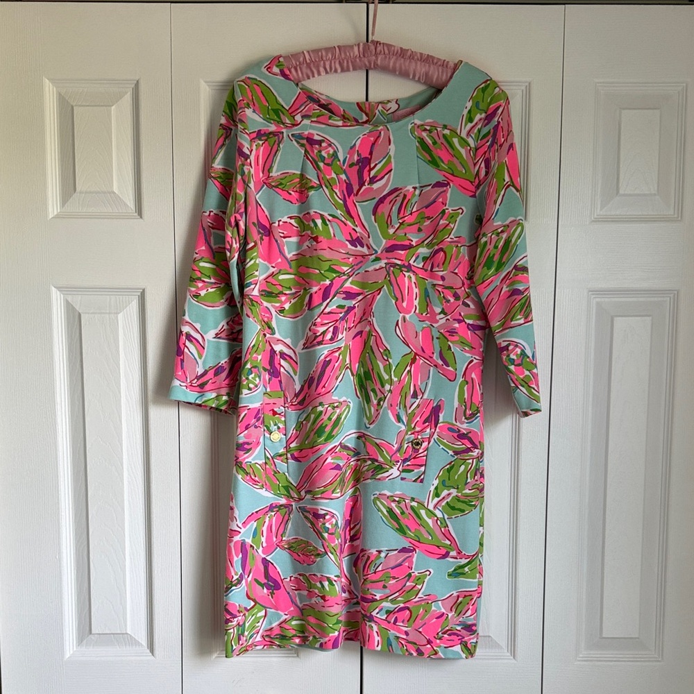 Lilly Pulitzer Gold-Button Tropical Print Dress in Aqua, Pink & Green